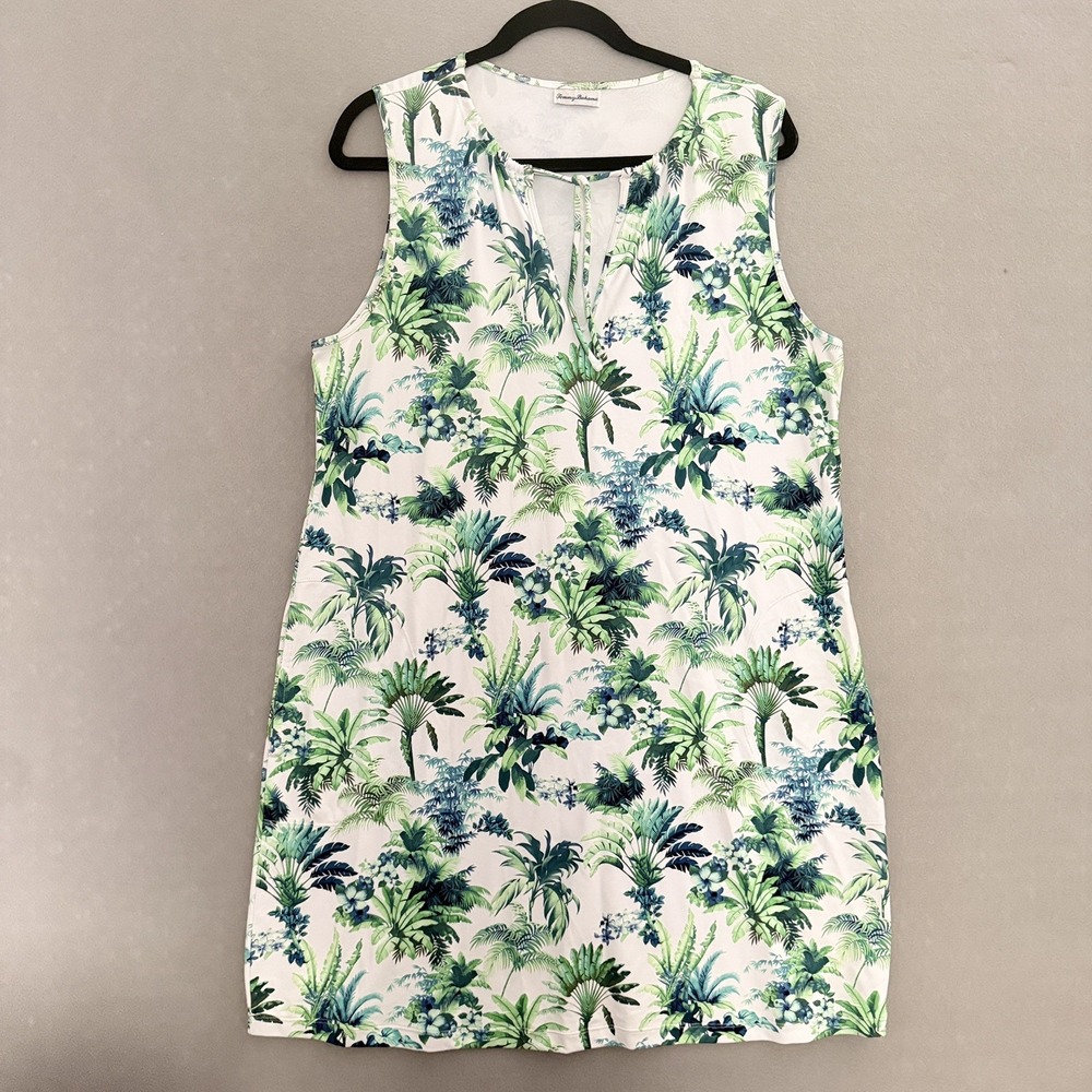 Tommy Bahama Sleeveless Shift Dress Womens L Blue Green Tropical Palm Stetch
